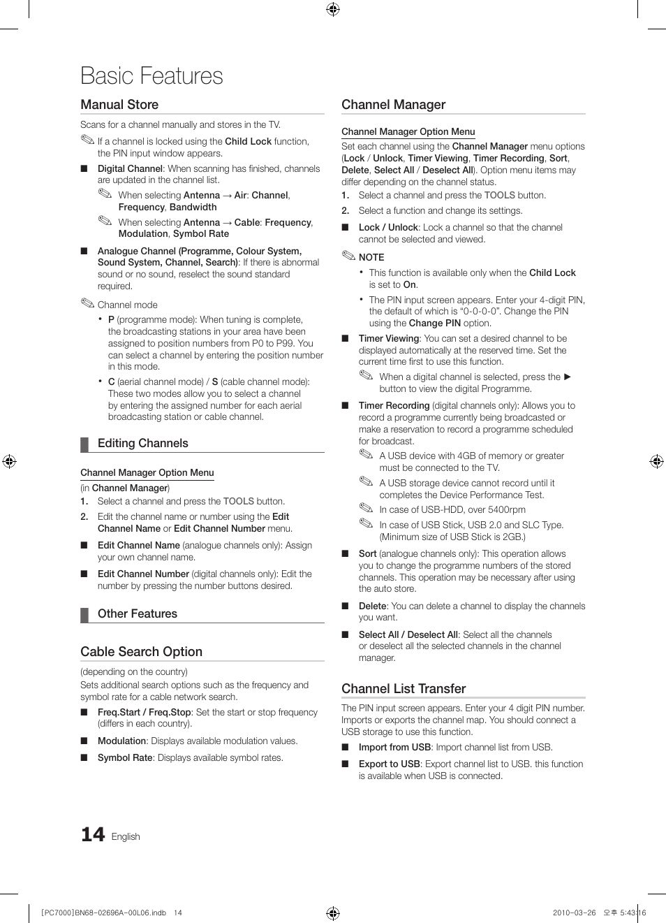 Basic features, Manual store, Cable search option | Channel manager, Channel list transfer | Samsung PS50C7000YW User Manual | Page 14 / 373