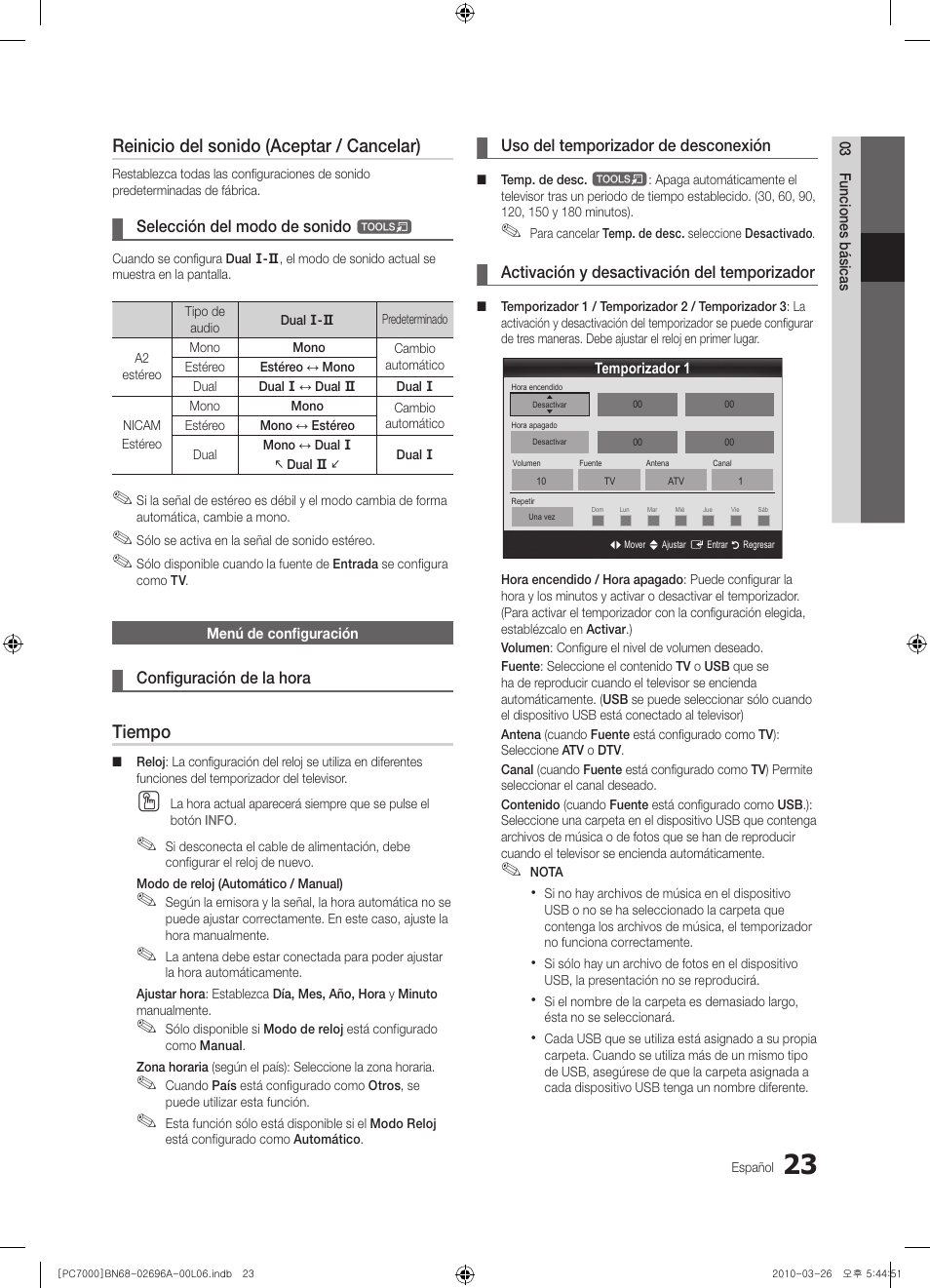 Reinicio del sonido (aceptar / cancelar), Tiempo | Samsung PS50C7000YW User Manual | Page 147 / 373