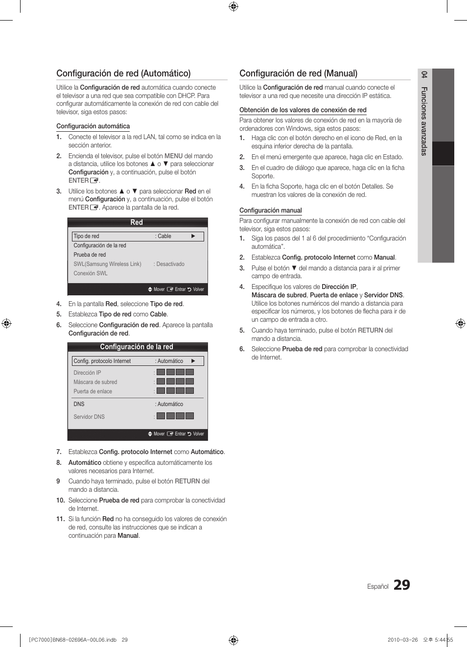 Configuración de red (automático), Configuración de red (manual) | Samsung PS50C7000YW User Manual | Page 153 / 373