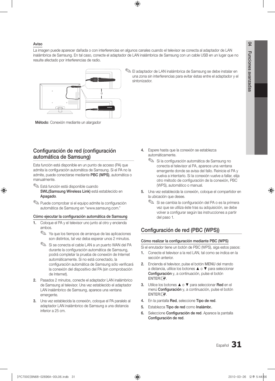 Configuración de red (pbc (wps)) | Samsung PS50C7000YW User Manual | Page 155 / 373