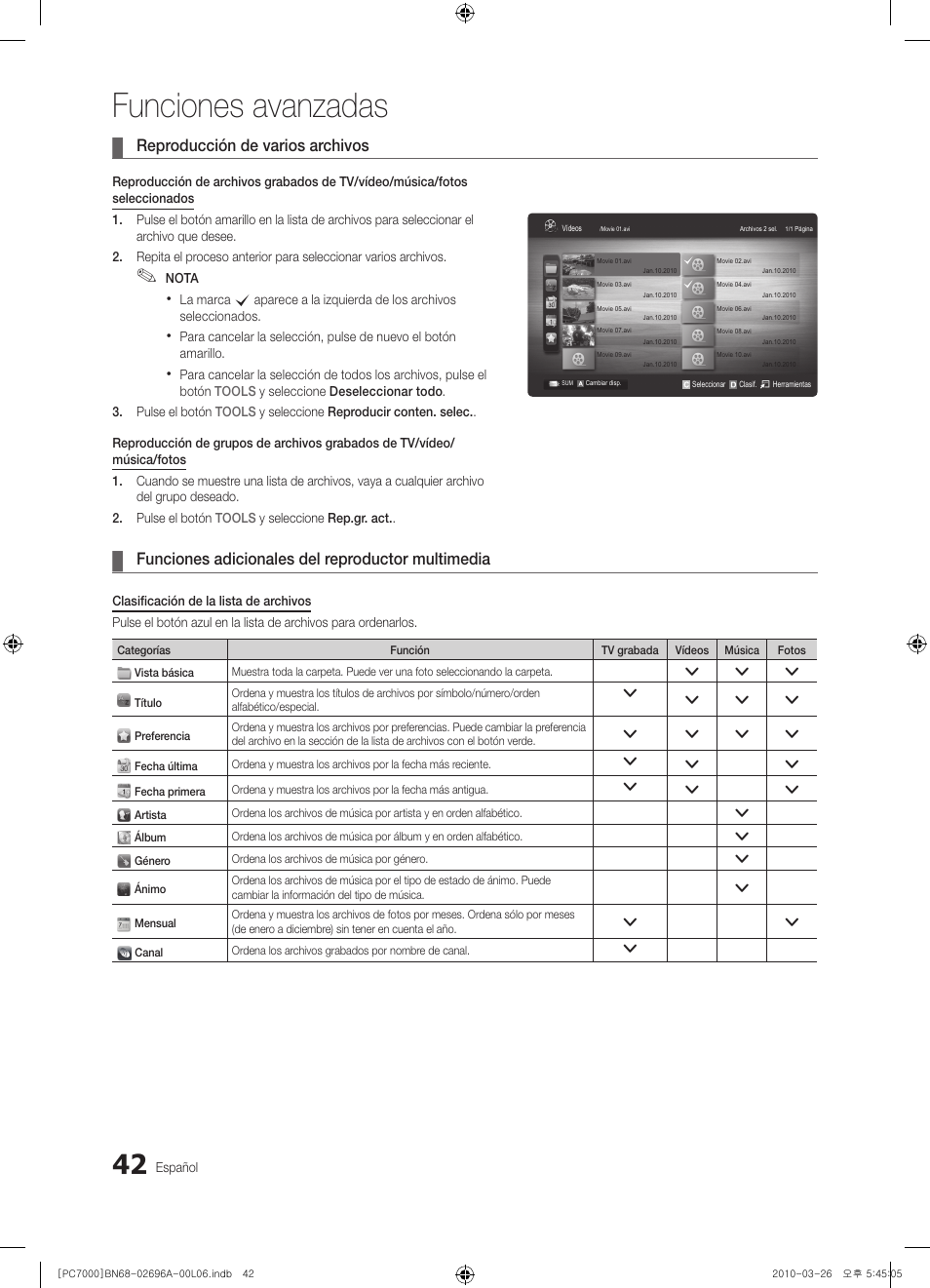 Funciones avanzadas, Reproducción de varios archivos, Funciones adicionales del reproductor multimedia | Samsung PS50C7000YW User Manual | Page 166 / 373