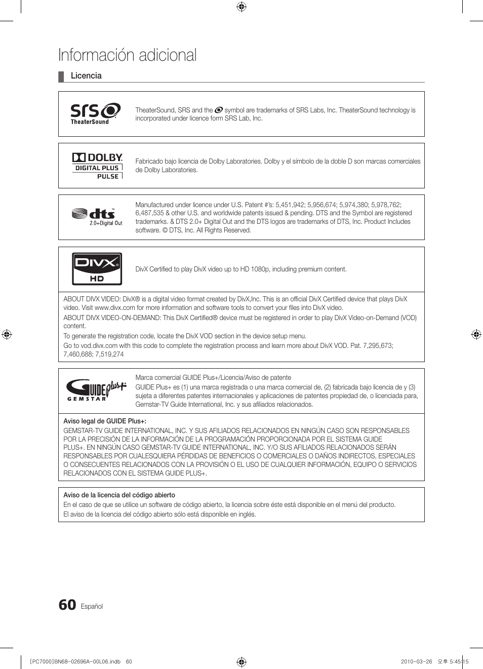 Información adicional | Samsung PS50C7000YW User Manual | Page 184 / 373