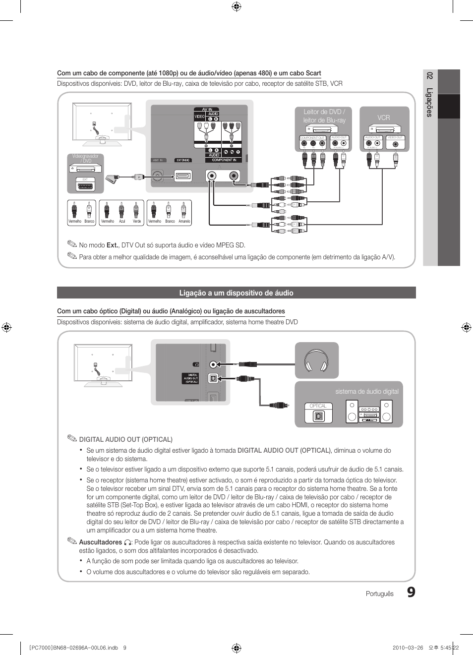 02 ligações, Ligação a um dispositivo de áudio | Samsung PS50C7000YW User Manual | Page 195 / 373