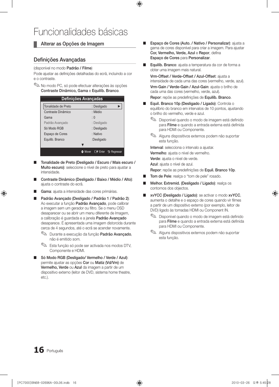 Funcionalidades básicas, Definições avançadas | Samsung PS50C7000YW User Manual | Page 202 / 373