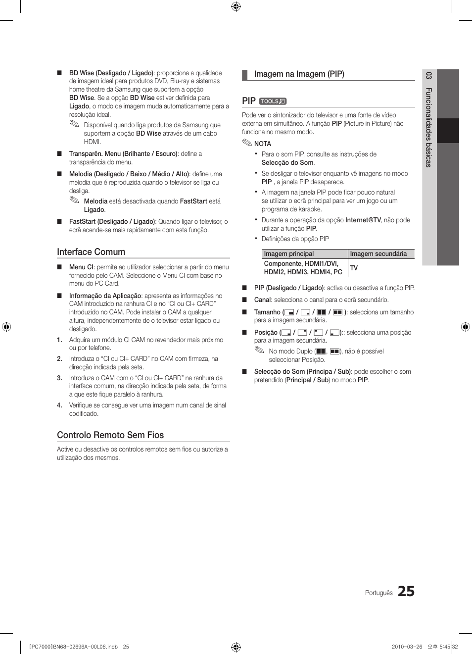 Interface comum, Controlo remoto sem fios | Samsung PS50C7000YW User Manual | Page 211 / 373
