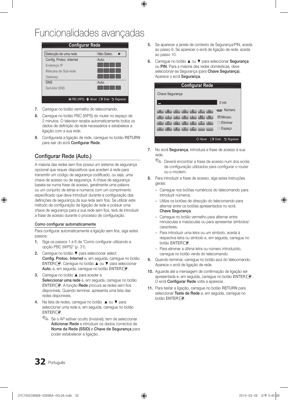 Funcionalidades avançadas, Configurar rede (auto.) | Samsung PS50C7000YW User Manual | Page 218 / 373