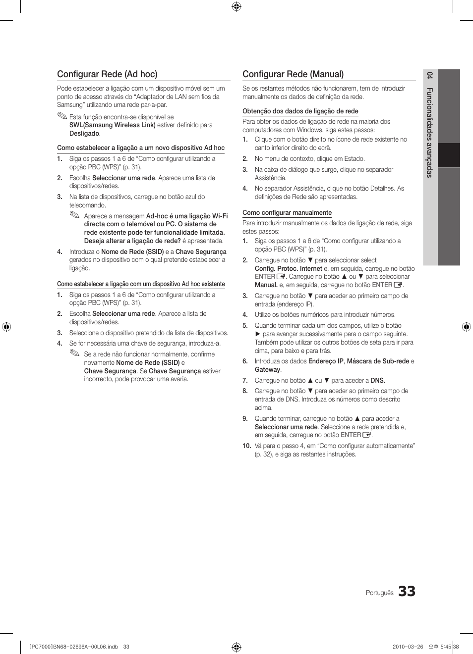 Configurar rede (ad hoc), Configurar rede (manual) | Samsung PS50C7000YW User Manual | Page 219 / 373