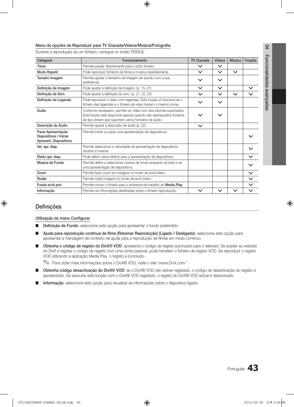 Definições | Samsung PS50C7000YW User Manual | Page 229 / 373