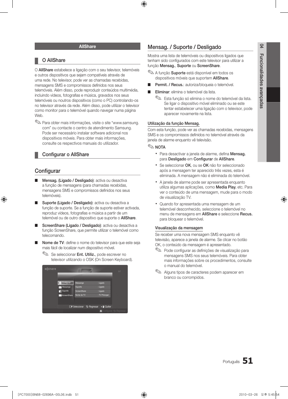 Configurar, Mensag. / suporte / desligado | Samsung PS50C7000YW User Manual | Page 237 / 373