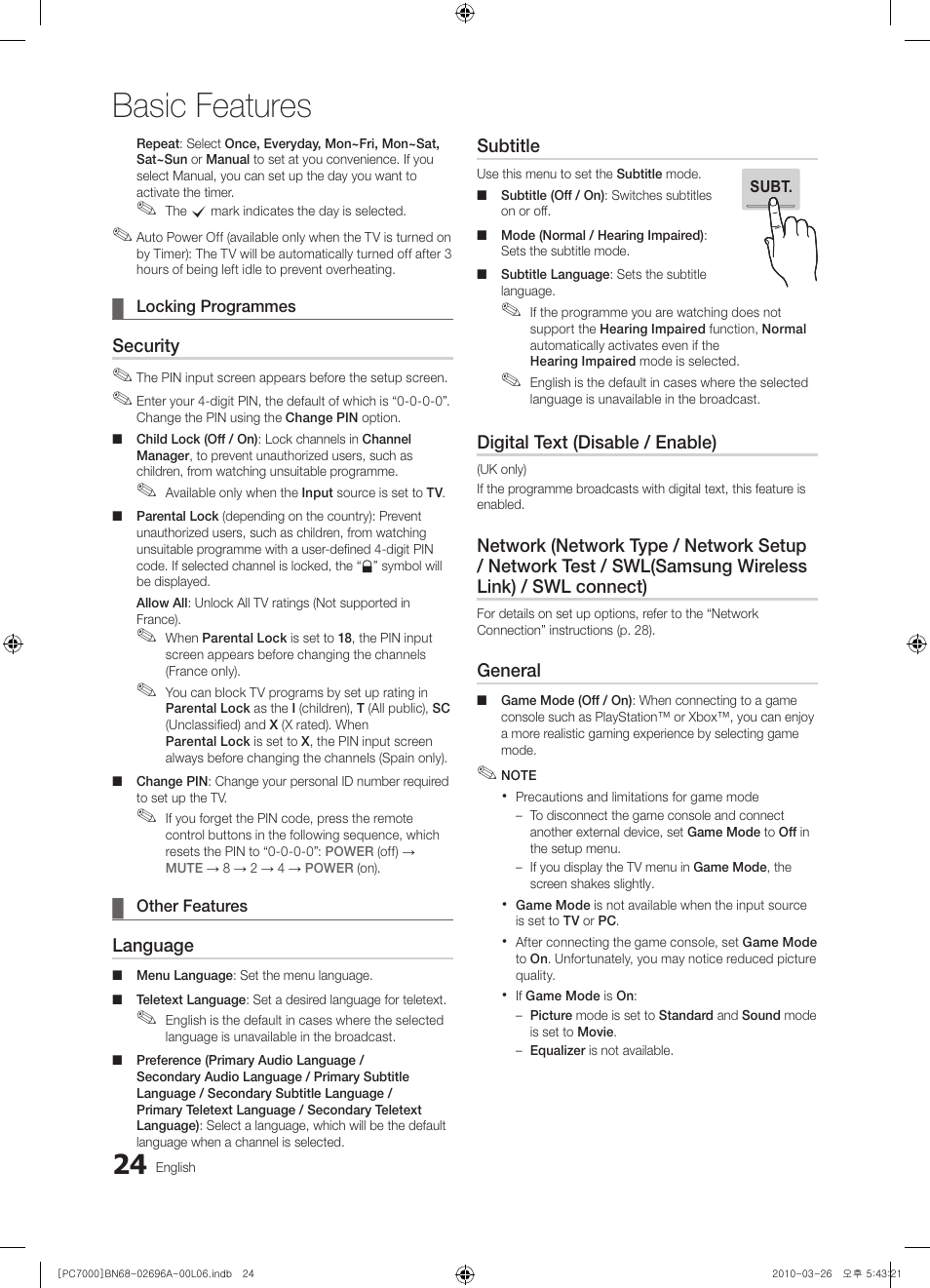 Basic features | Samsung PS50C7000YW User Manual | Page 24 / 373