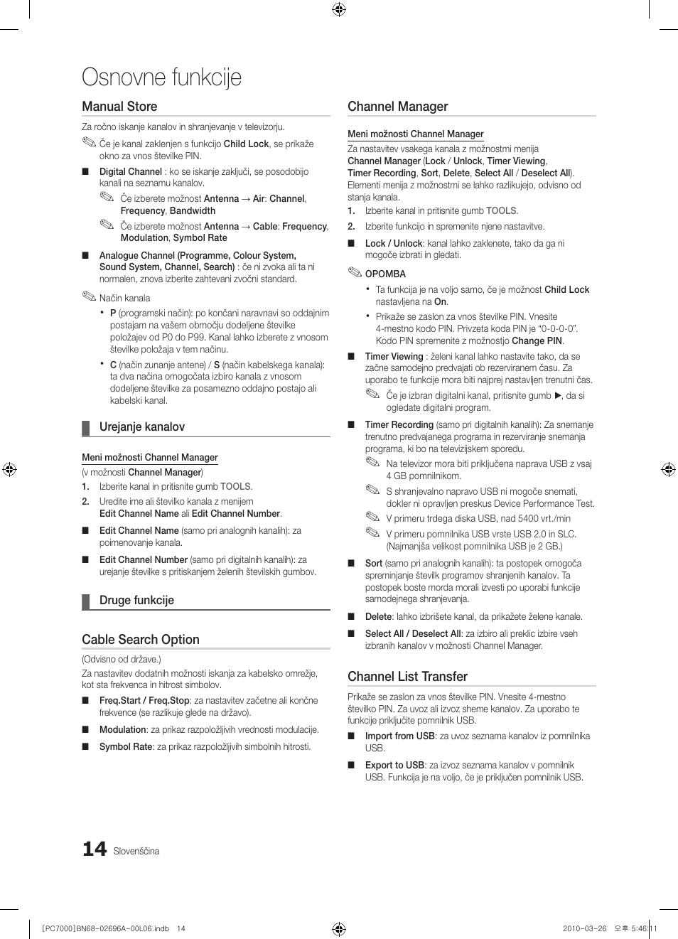 Osnovne funkcije, Manual store, Cable search option | Channel manager, Channel list transfer | Samsung PS50C7000YW User Manual | Page 262 / 373