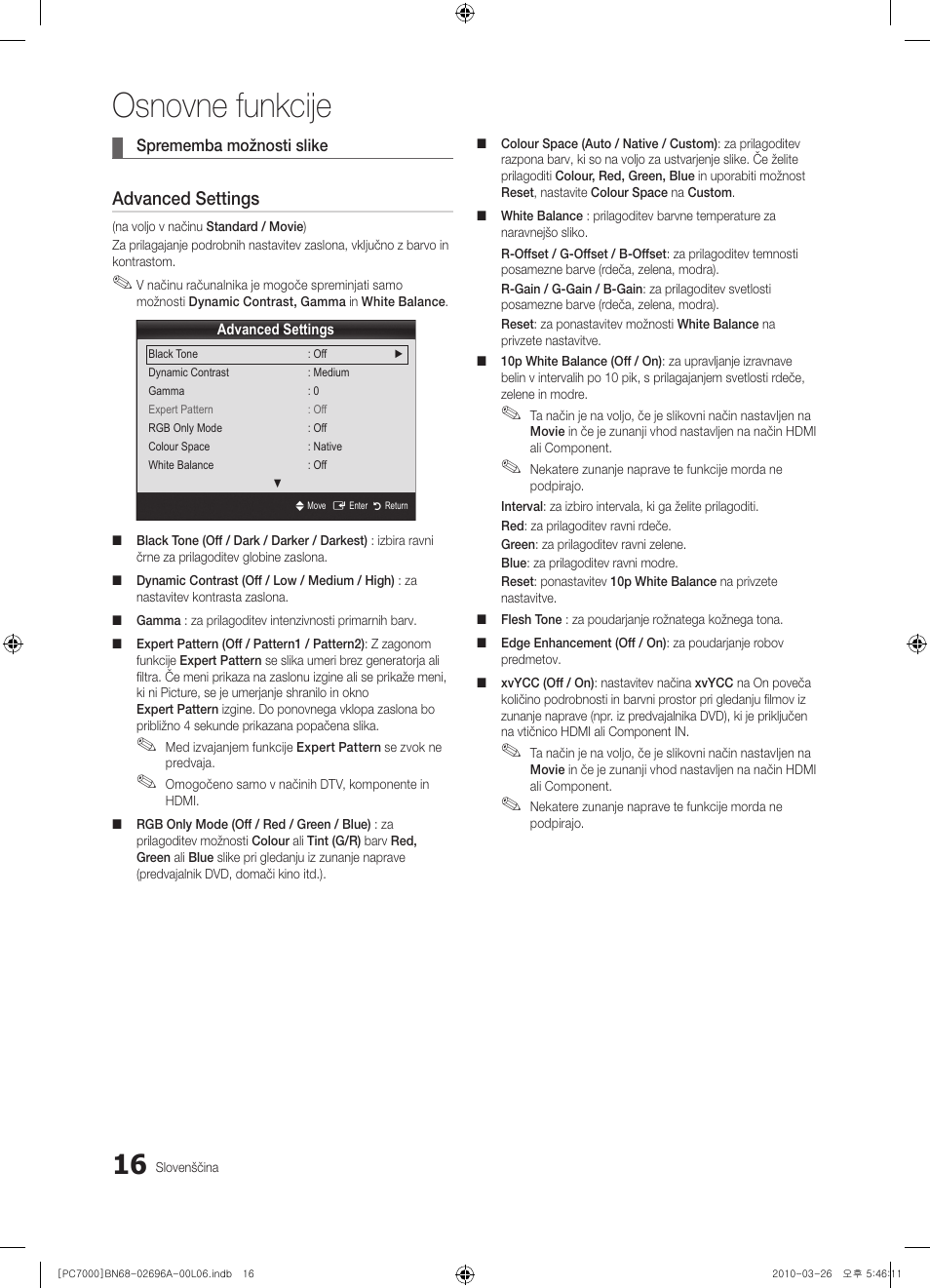 Osnovne funkcije, Advanced settings | Samsung PS50C7000YW User Manual | Page 264 / 373