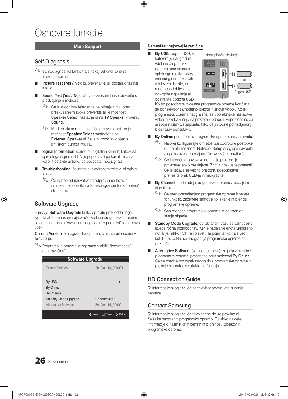 Osnovne funkcije, Self diagnosis, Software upgrade | Hd connection guide, Contact samsung | Samsung PS50C7000YW User Manual | Page 274 / 373