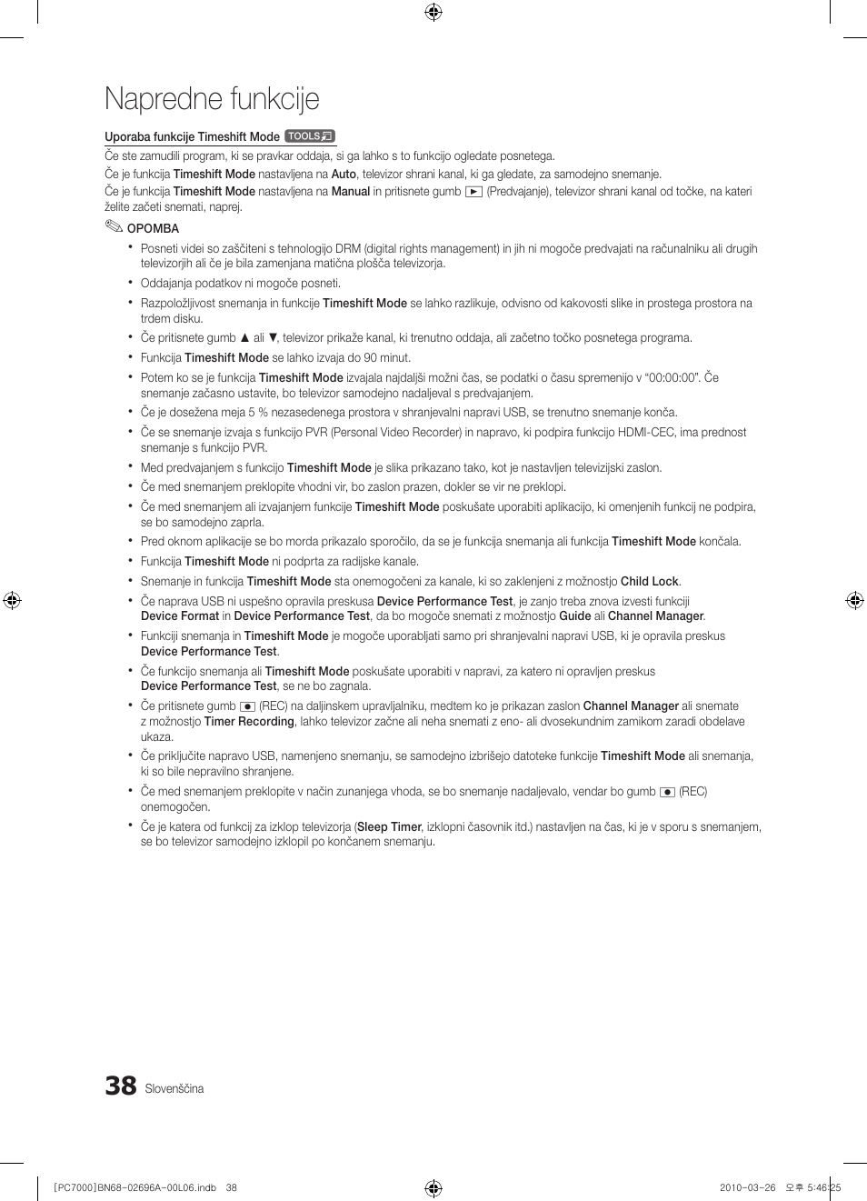 Napredne funkcije | Samsung PS50C7000YW User Manual | Page 286 / 373