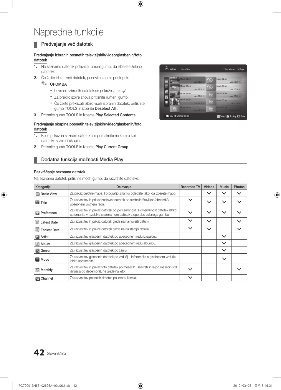 Napredne funkcije, Predvajanje več datotek, Dodatna funkcija možnosti media play | Samsung PS50C7000YW User Manual | Page 290 / 373