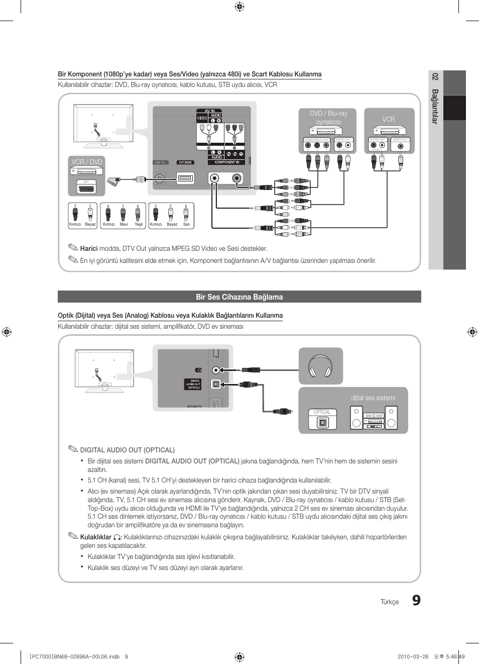 02 bağlantılar, Bir ses cihazına bağlama | Samsung PS50C7000YW User Manual | Page 319 / 373