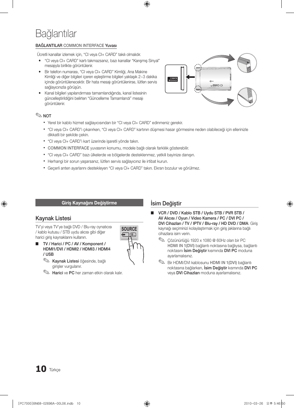 Bağlantılar | Samsung PS50C7000YW User Manual | Page 320 / 373