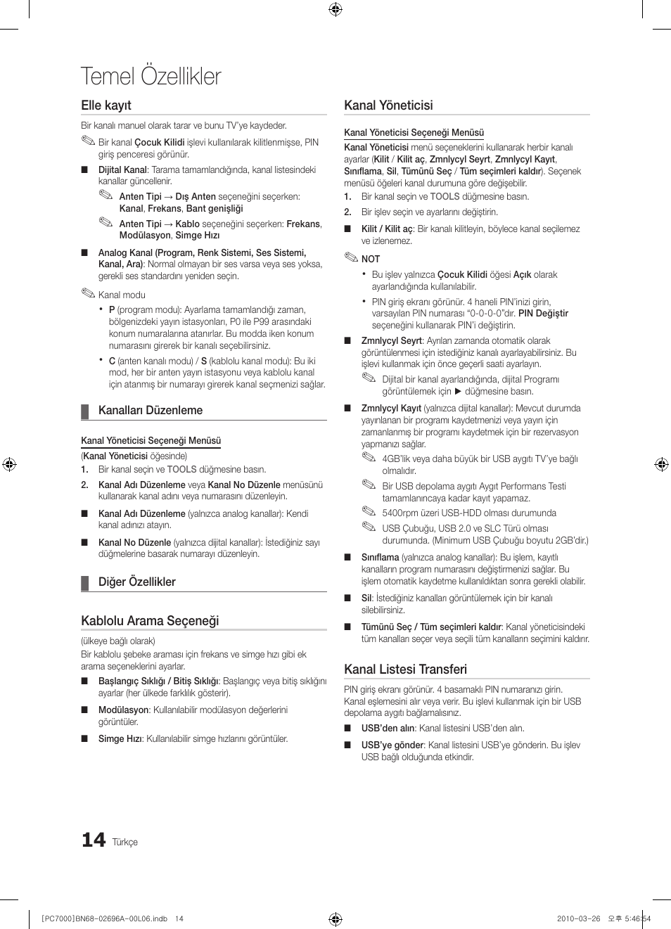 Temel özellikler | Samsung PS50C7000YW User Manual | Page 324 / 373