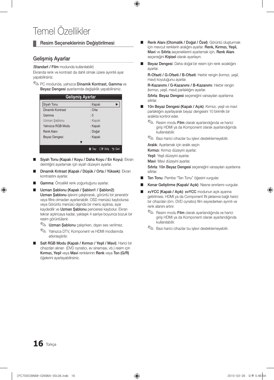 Temel özellikler, Gelişmiş ayarlar | Samsung PS50C7000YW User Manual | Page 326 / 373