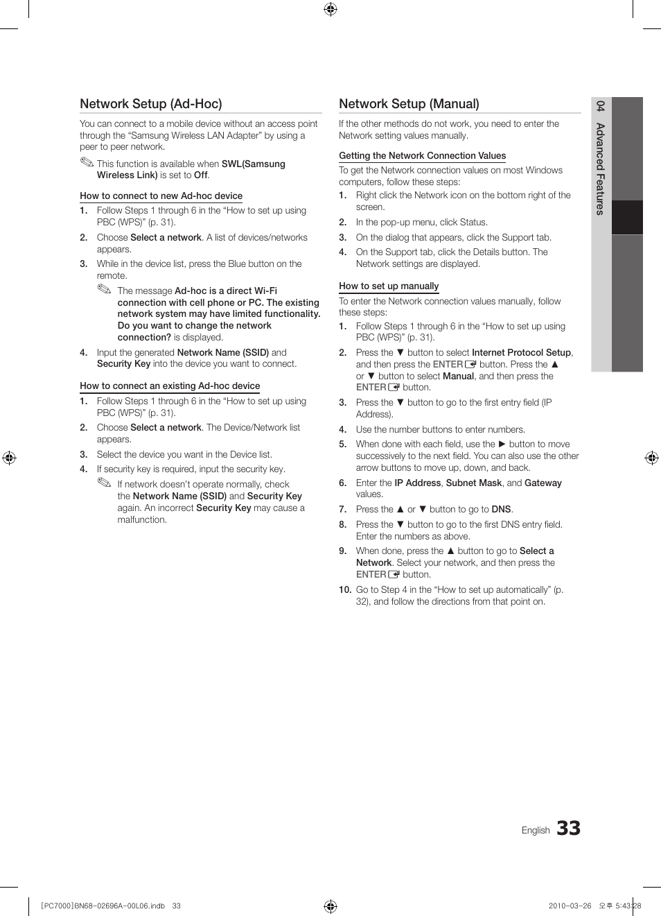 Network setup (ad-hoc), Network setup (manual) | Samsung PS50C7000YW User Manual | Page 33 / 373