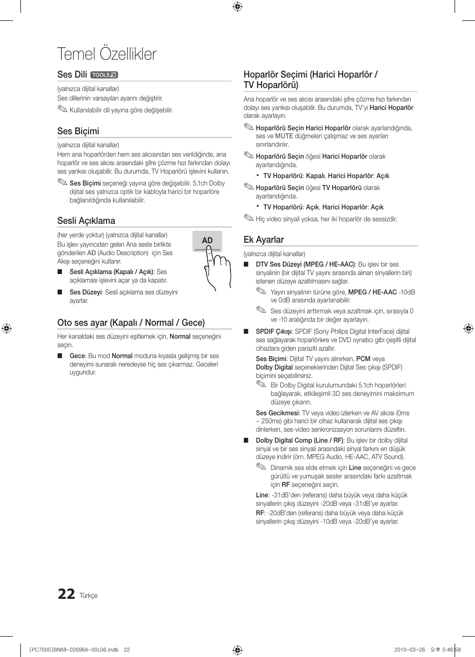 Temel özellikler | Samsung PS50C7000YW User Manual | Page 332 / 373