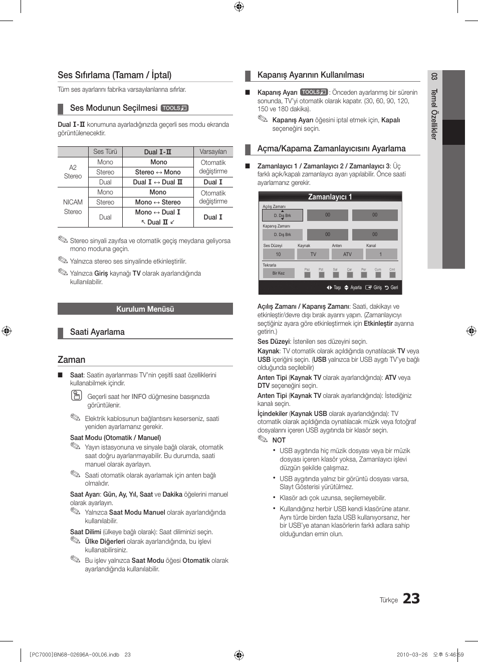 Ses sıfırlama (tamam / iptal), Zaman | Samsung PS50C7000YW User Manual | Page 333 / 373