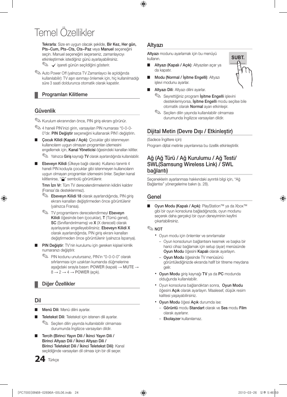 Temel özellikler | Samsung PS50C7000YW User Manual | Page 334 / 373