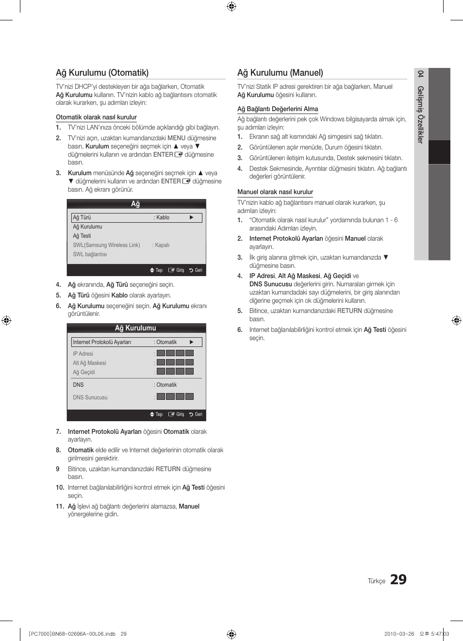 Ağ kurulumu (otomatik), Ağ kurulumu (manuel) | Samsung PS50C7000YW User Manual | Page 339 / 373