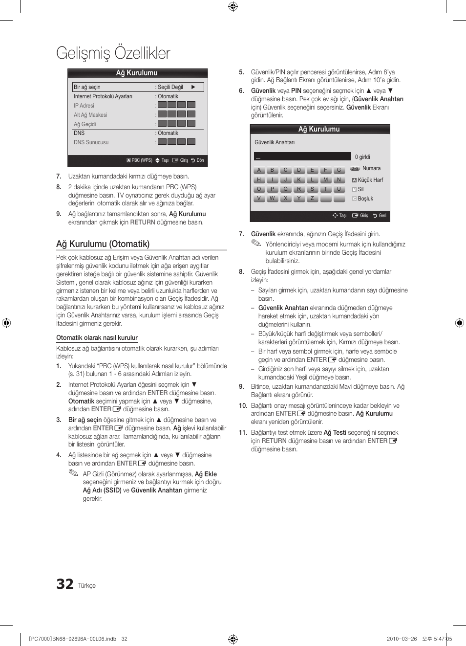 Gelişmiş özellikler, Ağ kurulumu (otomatik) | Samsung PS50C7000YW User Manual | Page 342 / 373