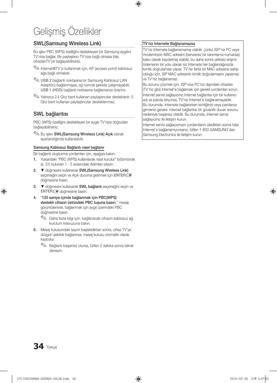 Gelişmiş özellikler | Samsung PS50C7000YW User Manual | Page 344 / 373