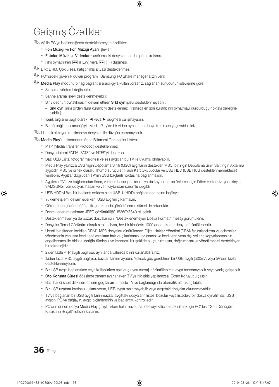 Gelişmiş özellikler | Samsung PS50C7000YW User Manual | Page 346 / 373