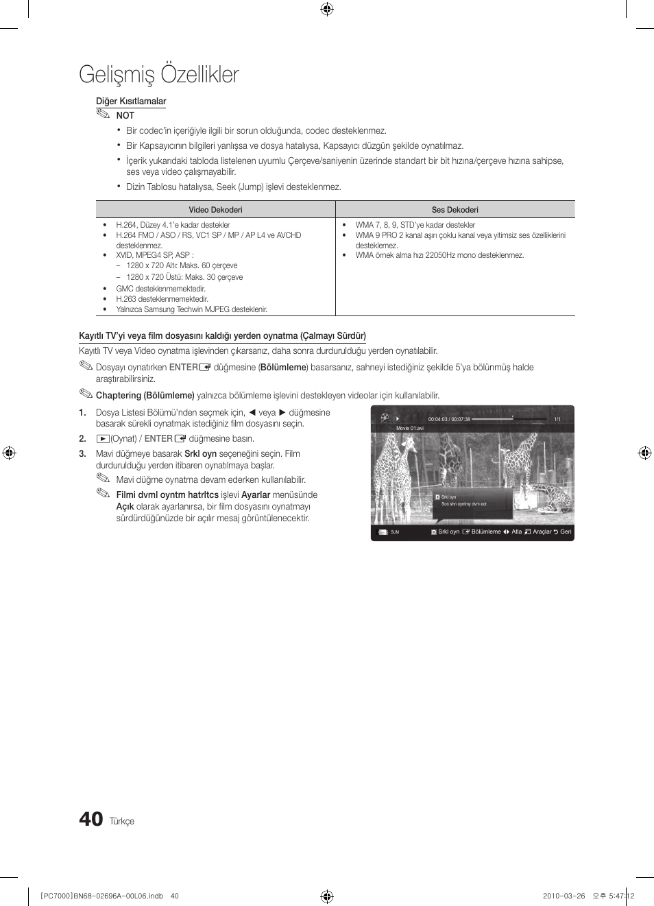 Gelişmiş özellikler | Samsung PS50C7000YW User Manual | Page 350 / 373
