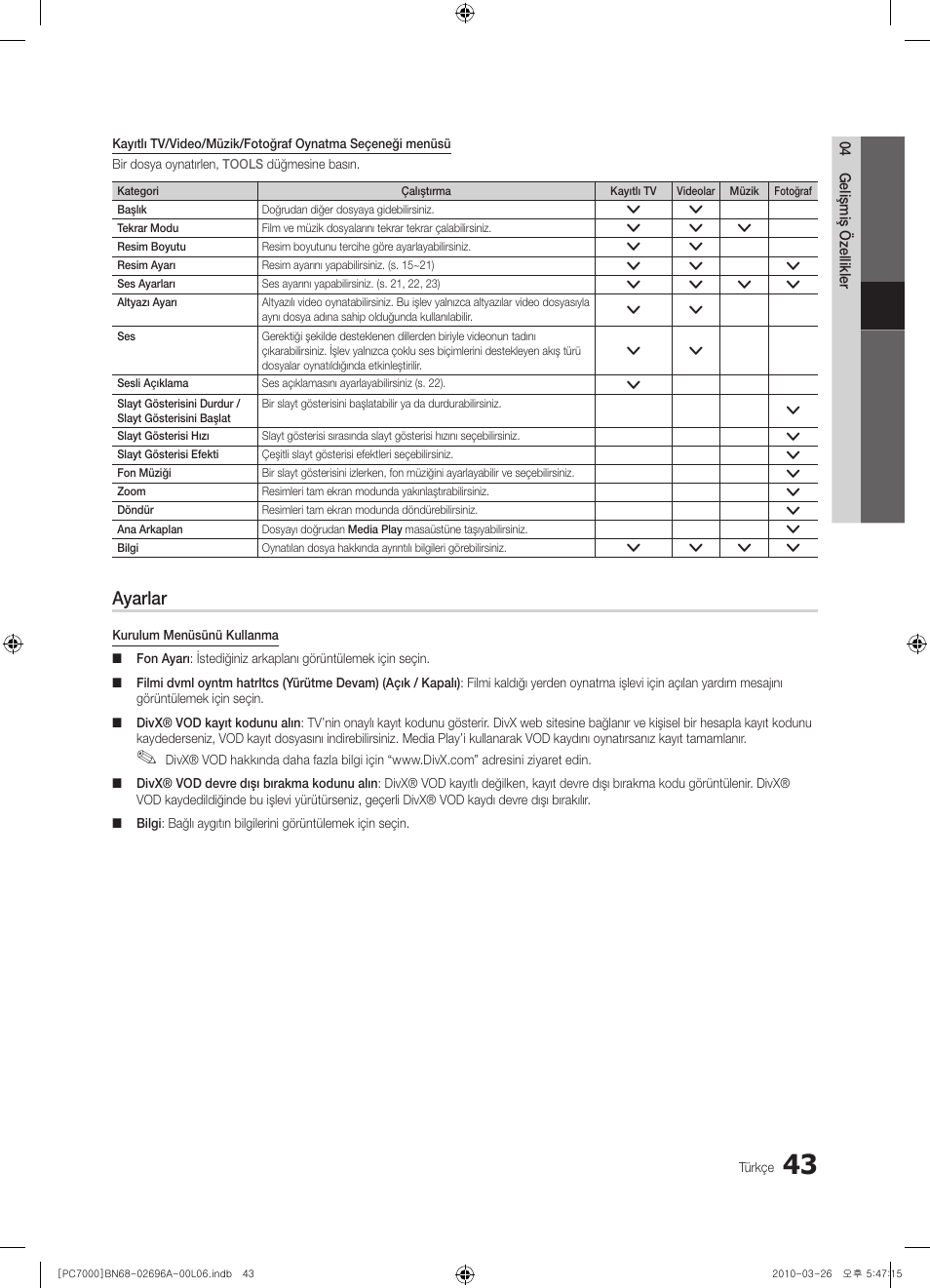 Ayarlar | Samsung PS50C7000YW User Manual | Page 353 / 373