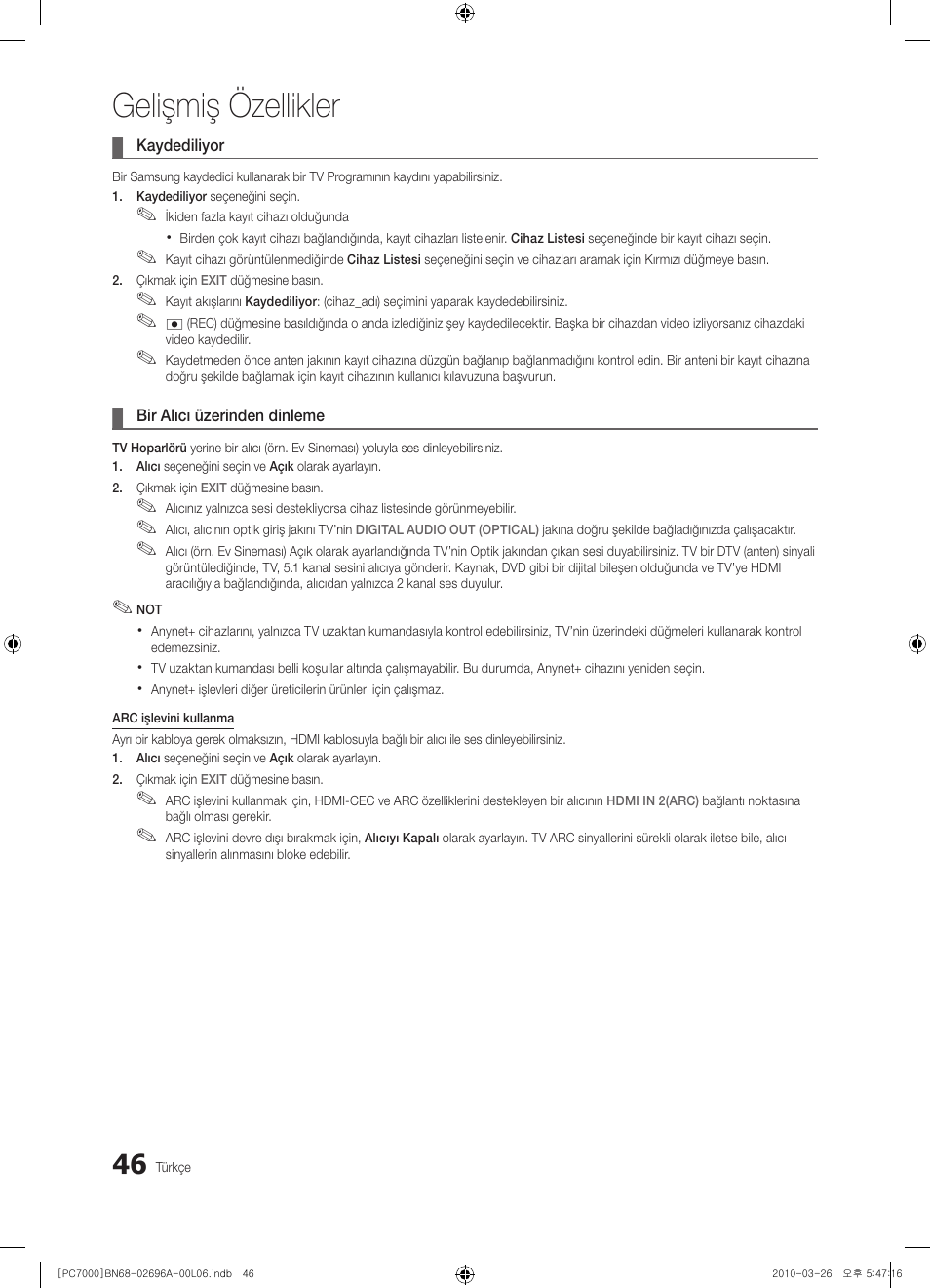 Gelişmiş özellikler | Samsung PS50C7000YW User Manual | Page 356 / 373
