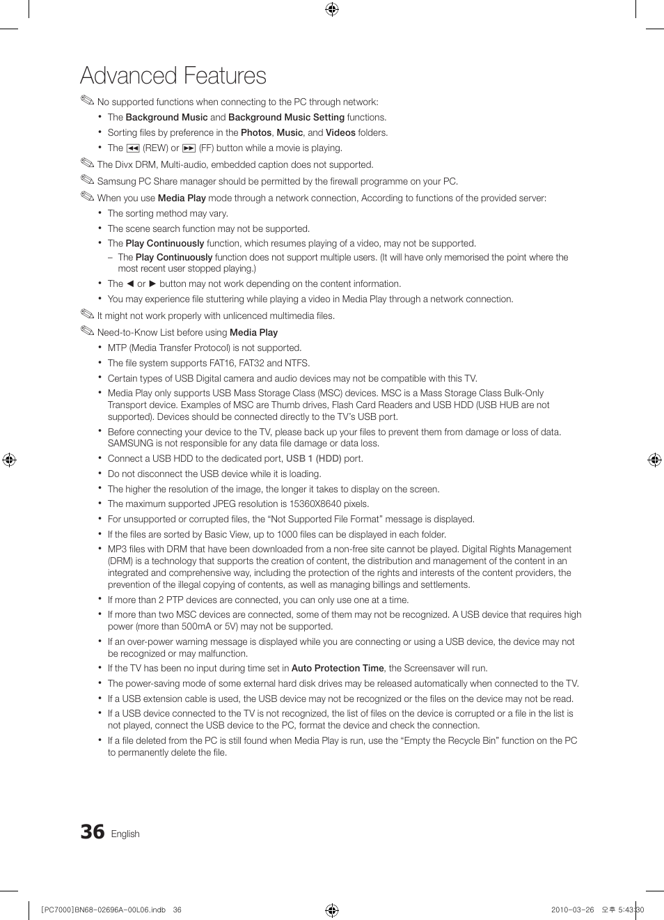 Advanced features | Samsung PS50C7000YW User Manual | Page 36 / 373
