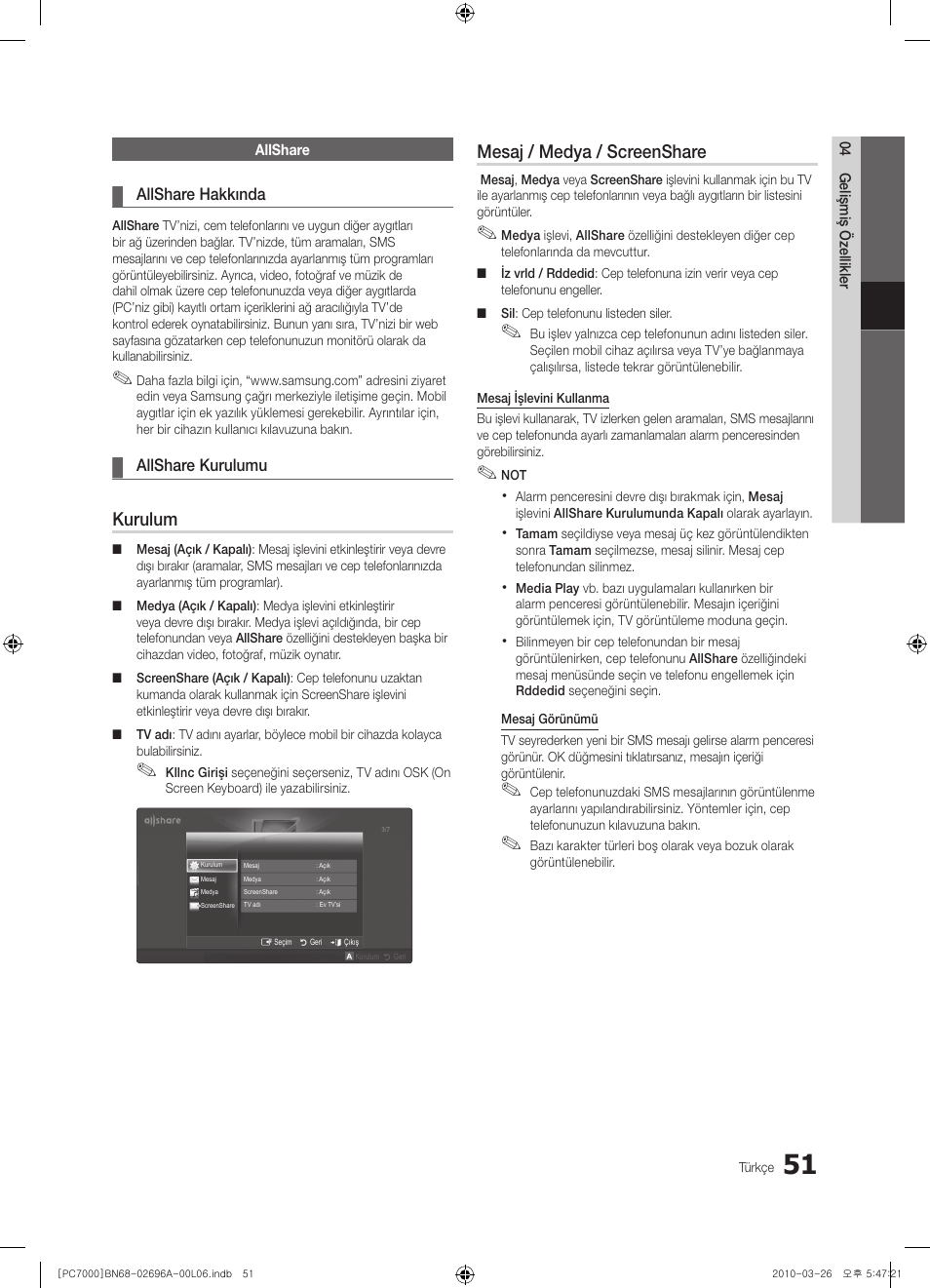 Kurulum, Mesaj / medya / screenshare | Samsung PS50C7000YW User Manual | Page 361 / 373