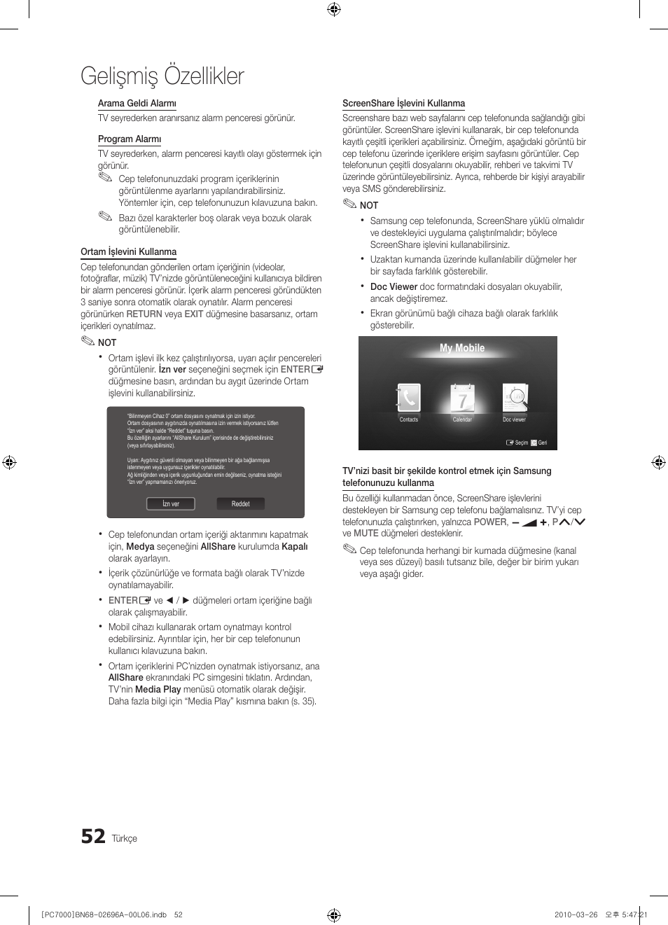 Gelişmiş özellikler | Samsung PS50C7000YW User Manual | Page 362 / 373