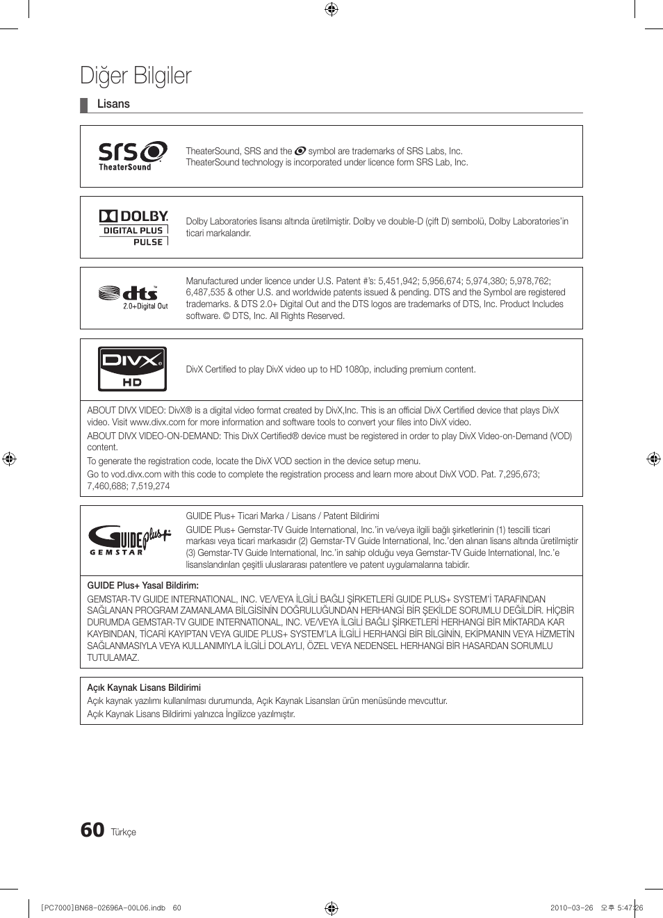 Diğer bilgiler | Samsung PS50C7000YW User Manual | Page 370 / 373