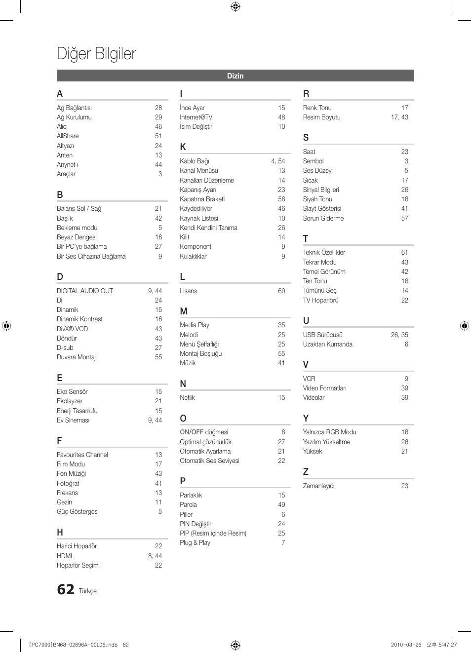 Diğer bilgiler | Samsung PS50C7000YW User Manual | Page 372 / 373