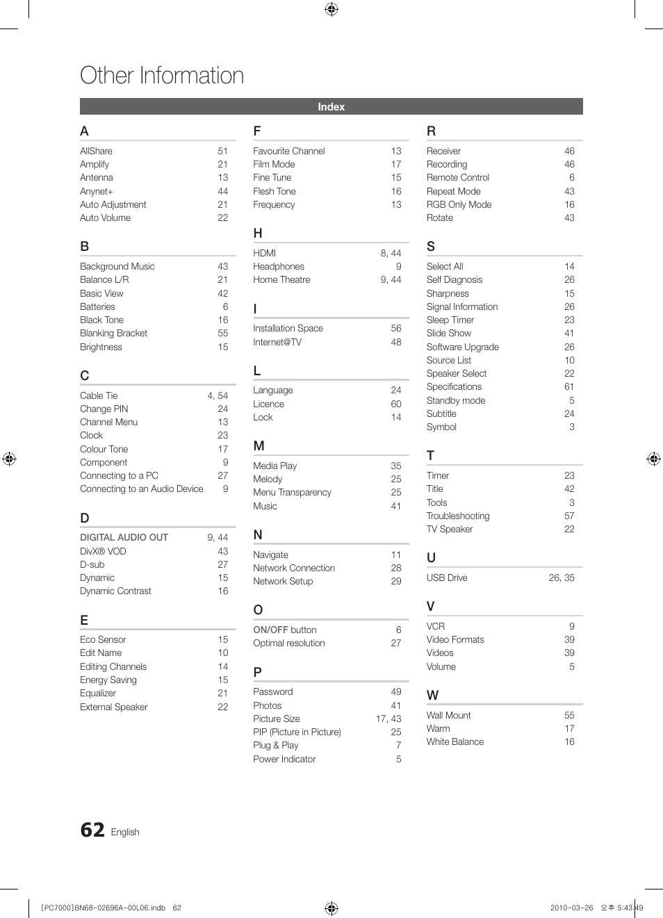 Other information | Samsung PS50C7000YW User Manual | Page 62 / 373