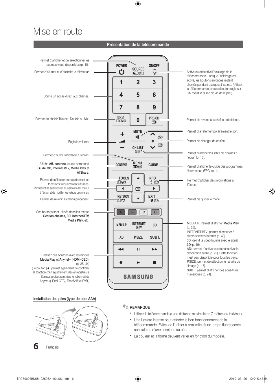 Mise en route | Samsung PS50C7000YW User Manual | Page 68 / 373