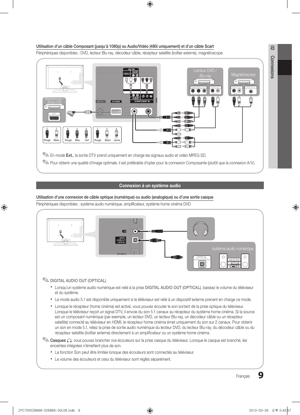 02 connexions, Connexion à un système audio | Samsung PS50C7000YW User Manual | Page 71 / 373