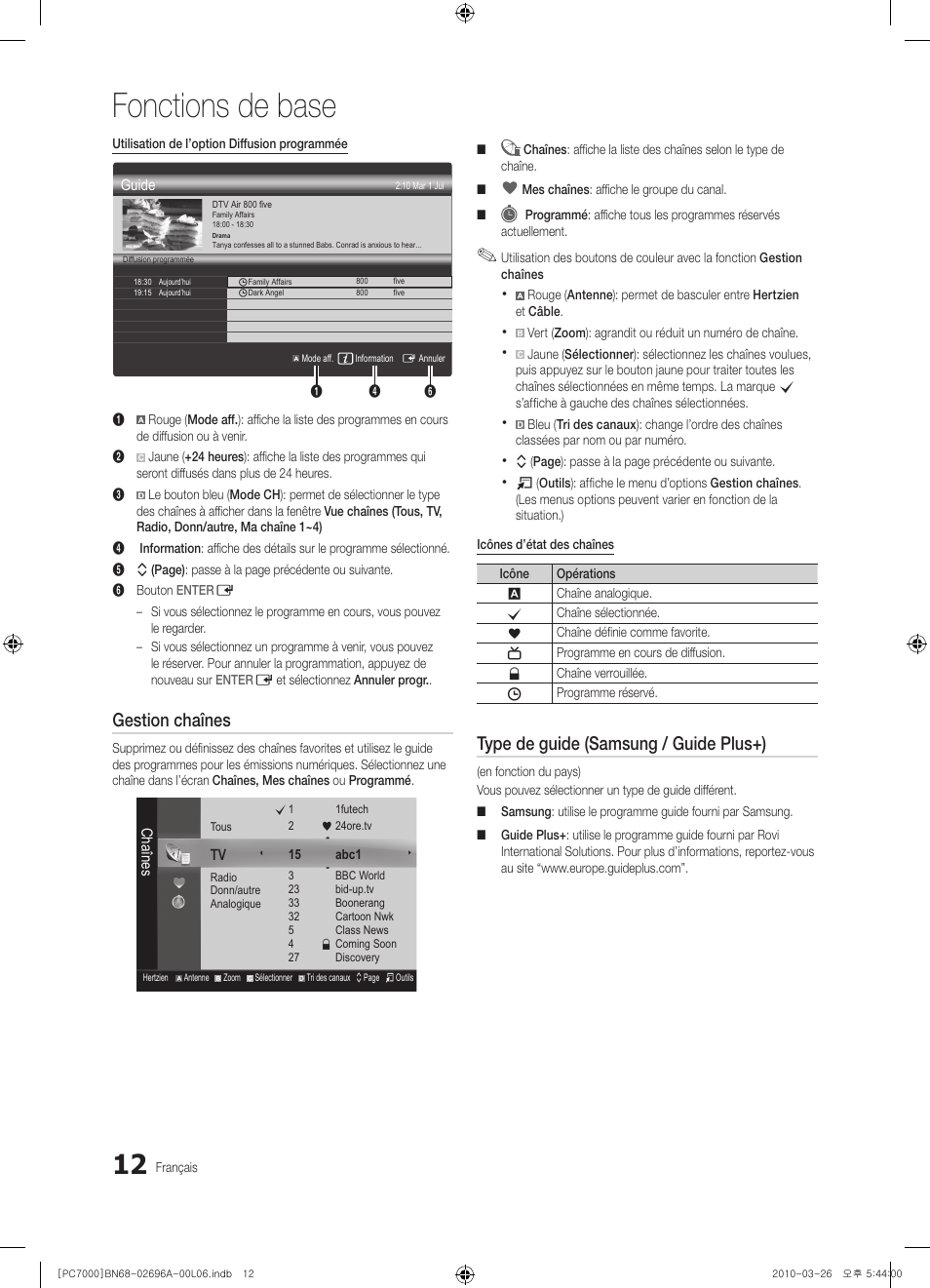 Fonctions de base, Gestion chaînes, Type de guide (samsung / guide plus+) | Samsung PS50C7000YW User Manual | Page 74 / 373