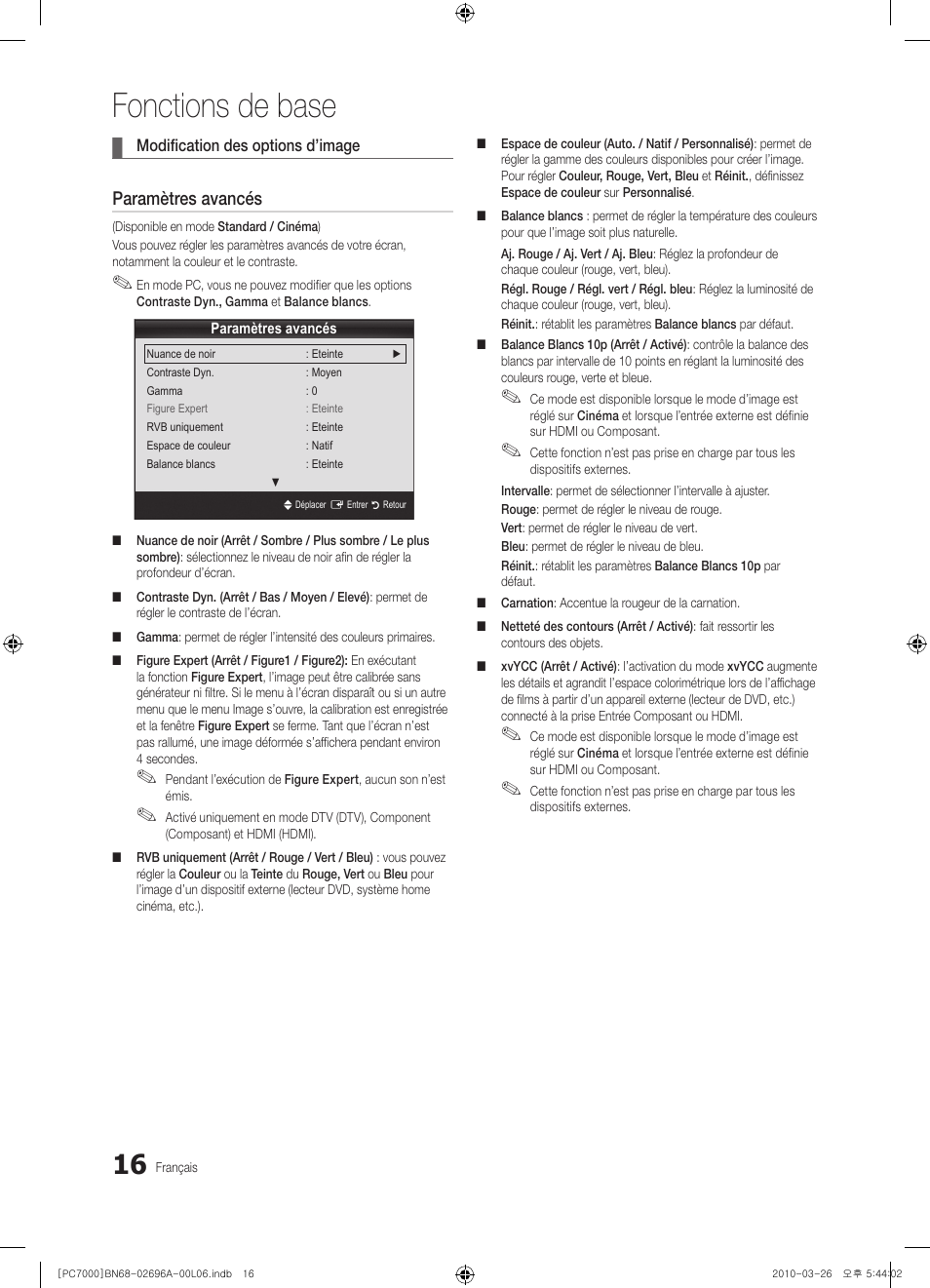 Fonctions de base, Paramètres avancés | Samsung PS50C7000YW User Manual | Page 78 / 373
