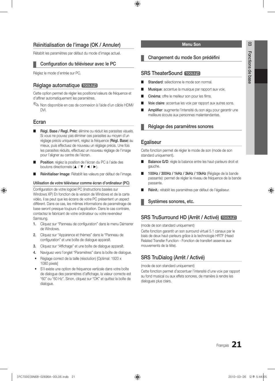 Réinitialisation de l’image (ok / annuler), Réglage automatique, Ecran | Srs theatersound, Egaliseur, Srs trusurround hd (arrêt / activé), Srs trudialog (arrêt / activé) | Samsung PS50C7000YW User Manual | Page 83 / 373