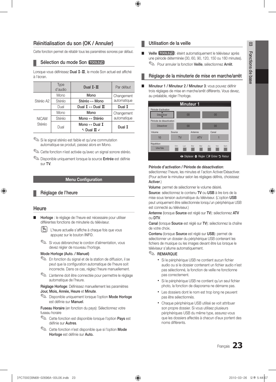 Réinitialisation du son (ok / annuler), Heure | Samsung PS50C7000YW User Manual | Page 85 / 373