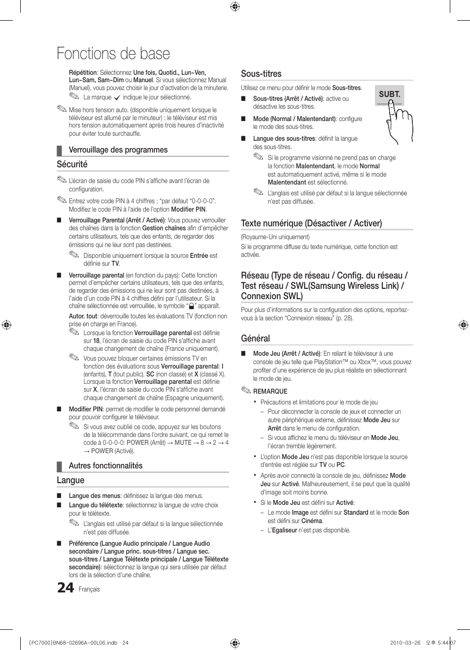 Fonctions de base | Samsung PS50C7000YW User Manual | Page 86 / 373