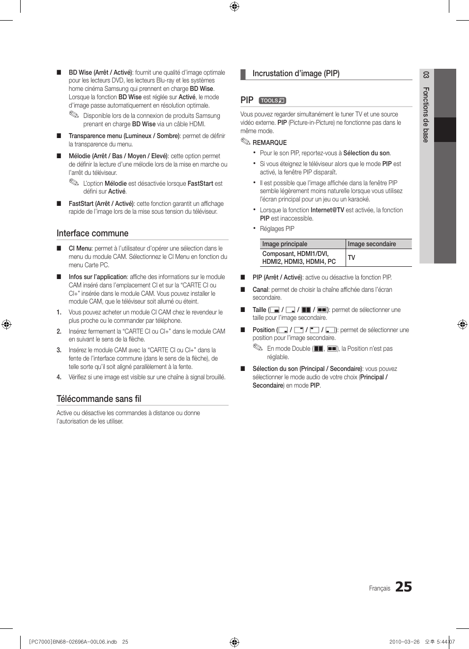Interface commune, Télécommande sans fil | Samsung PS50C7000YW User Manual | Page 87 / 373