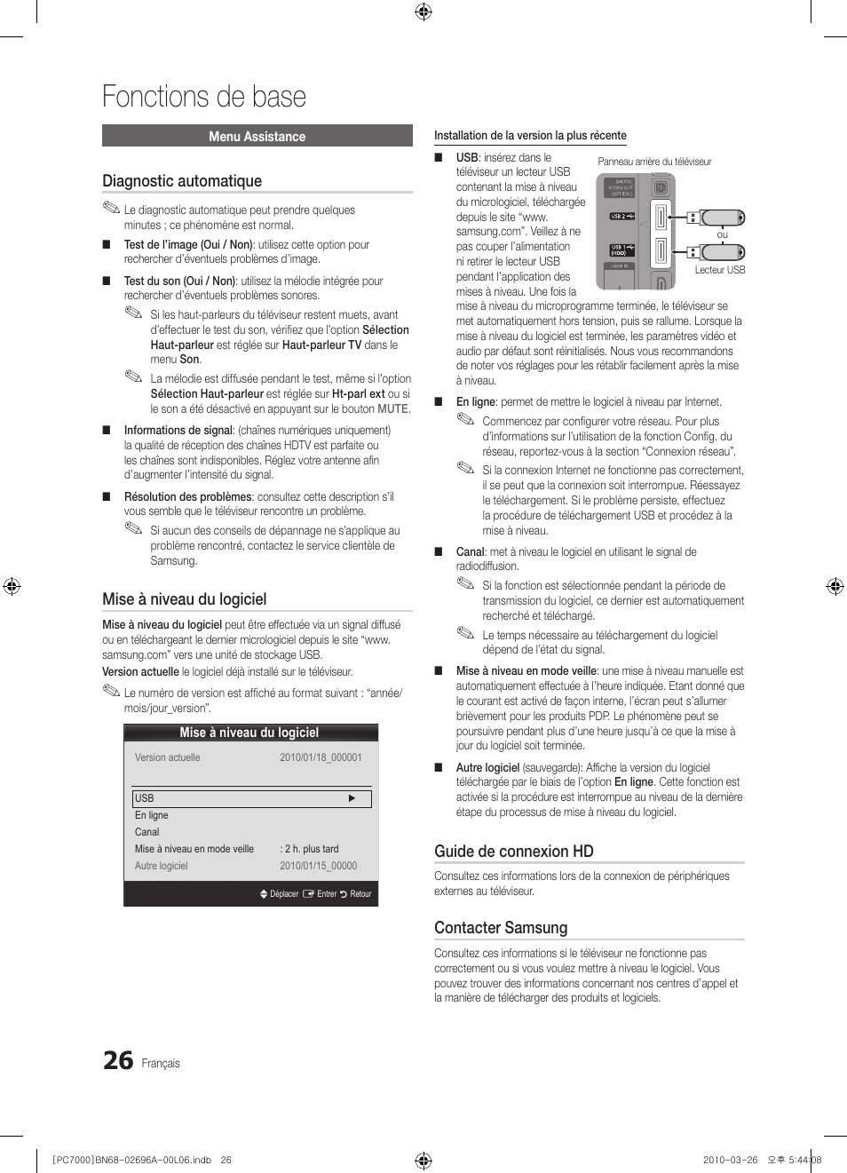 Fonctions de base, Diagnostic automatique, Mise à niveau du logiciel | Guide de connexion hd, Contacter samsung | Samsung PS50C7000YW User Manual | Page 88 / 373