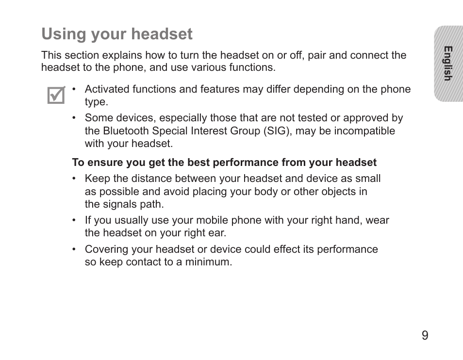 Using your headset | Samsung BHS3000 User Manual | Page 11 / 97